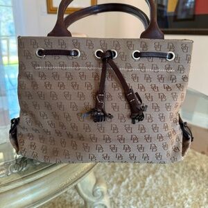 VTG Dooney & Bourke Tan Signature Canvas & Leather Mini Tassel Handbag Purse